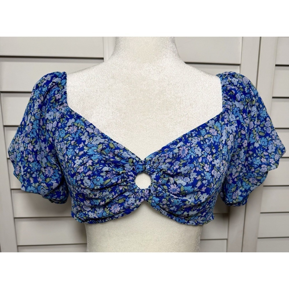 Wild Fable Floral Puff Sleeve Tie Back Crop Top Cottagecore Women's Size Medium - Picture 3 of 10